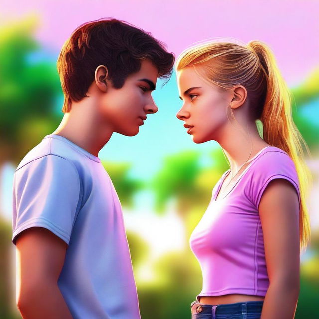 A hyper-realistic, high-quality digital art image showcasing a teen couple having a disagreement during summer