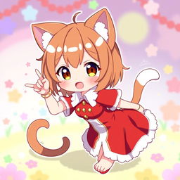A cute anime character with cat-like features (neko), dressed in red and white clothing