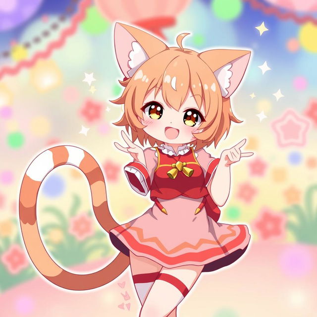 A cute anime character with cat-like features (neko), dressed in red and white clothing