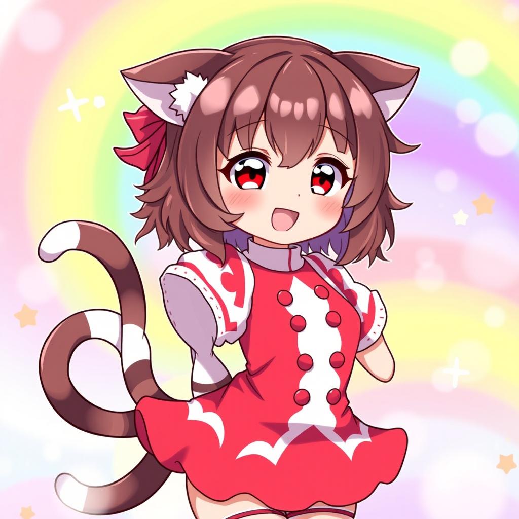 A cute anime character with cat-like features (neko), dressed in red and white clothing