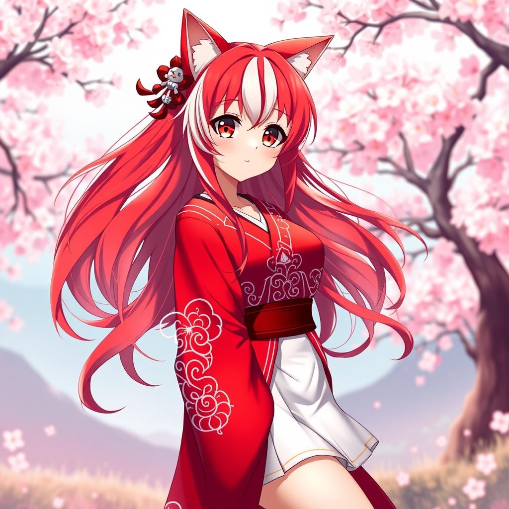 A beautifully designed anime woman with cat-like features (neko), wearing striking red and white clothing