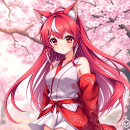 A beautifully designed anime woman with cat-like features (neko), wearing striking red and white clothing