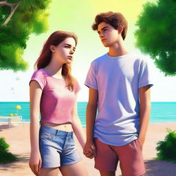 A hyper-realistic, high-quality digital art image showcasing a teen couple having a disagreement during summer