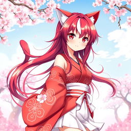 A beautifully designed anime woman with cat-like features (neko), wearing striking red and white clothing