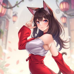 A beautiful anime woman with cat ears and a tail, dressed in vibrant red and white clothes, striking a playful pose