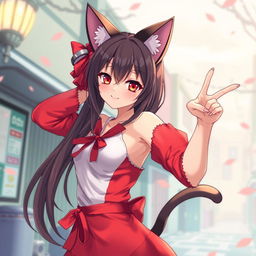A beautiful anime woman with cat ears and a tail, dressed in vibrant red and white clothes, striking a playful pose