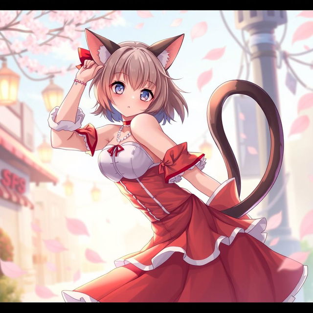 A beautiful anime woman with cat ears and a tail, dressed in vibrant red and white clothes, striking a playful pose