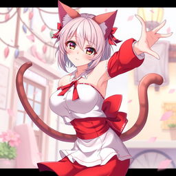 A beautiful anime woman with cat ears and a tail, dressed in vibrant red and white clothes, striking a playful pose
