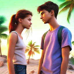 A hyper-realistic, high-quality digital art image showcasing a teen couple having a disagreement during summer