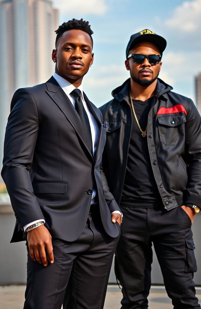 A smart and handsome looking black boy bodyguard stands confidently beside his boss, who is also a black boy, showcasing both style and attitude