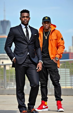 A smart and handsome looking black boy bodyguard stands confidently beside his boss, who is also a black boy, showcasing both style and attitude