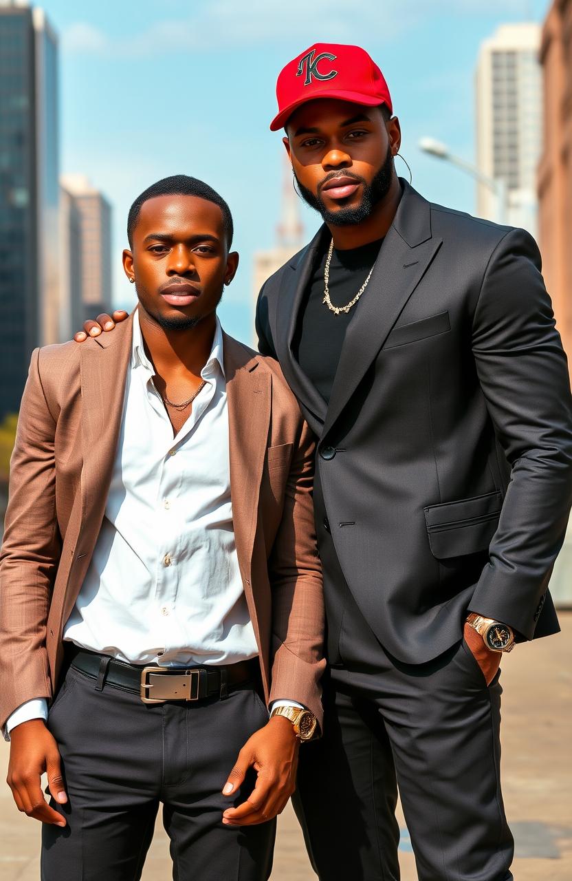 A smart and handsome looking black boy bodyguard stands confidently beside his boss, who is also a black boy, showcasing both style and attitude