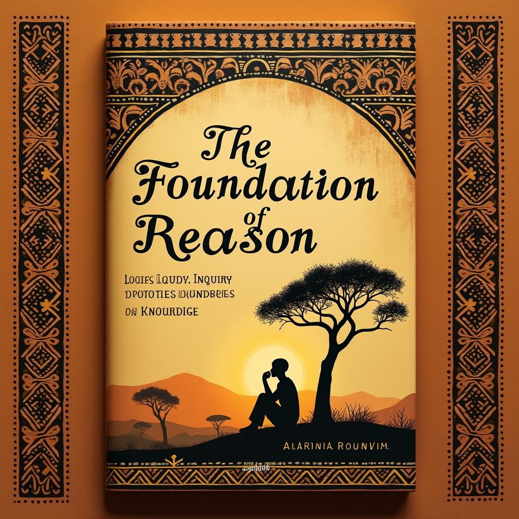 A stunning book cover design for "The Foundation of Reason: Logic, Inquiry, and the Boundaries of Knowledge" featuring African artistic elements