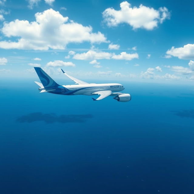 A realistic depiction of a commercial airplane similar to MH370 flying over a vast expanse of ocean, under a bright blue sky with scattered clouds