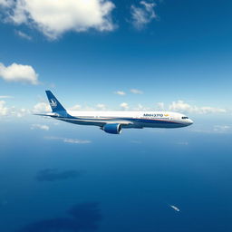 A realistic depiction of a commercial airplane similar to MH370 flying over a vast expanse of ocean, under a bright blue sky with scattered clouds