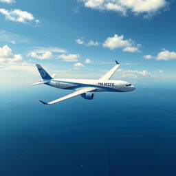 A realistic depiction of a commercial airplane similar to MH370 flying over a vast expanse of ocean, under a bright blue sky with scattered clouds