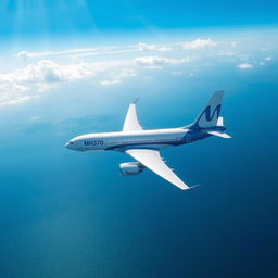 A realistic depiction of a commercial airplane similar to MH370 flying over a vast expanse of ocean, under a bright blue sky with scattered clouds