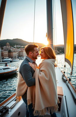 A romantic scene of a couple on a sailboat in the picturesque harbor of Genoa, Italy