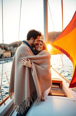 A romantic scene of a couple on a sailboat in the picturesque harbor of Genoa, Italy