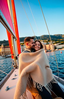 A romantic scene of a couple on a sailboat in the picturesque harbor of Genoa, Italy