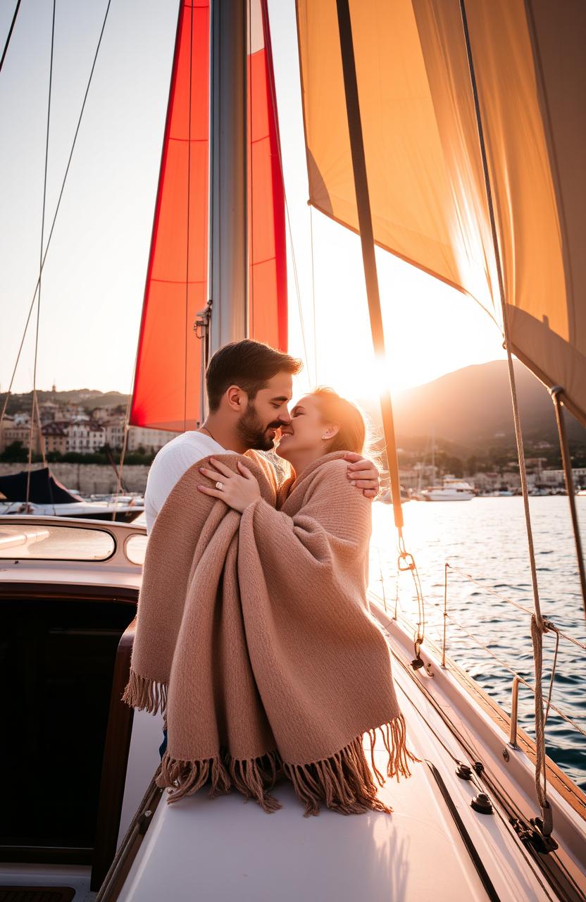 A romantic scene of a couple on a sailboat in the picturesque harbor of Genoa, Italy