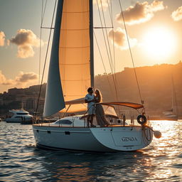 A captivating love story scene featuring a couple on a large, elegant sailboat anchored in the stunning harbor of Genoa, Italy