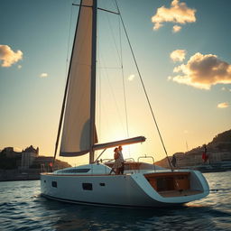 A captivating love story scene featuring a couple on a large, elegant sailboat anchored in the stunning harbor of Genoa, Italy