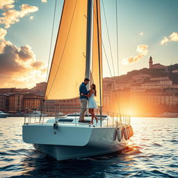 A captivating love story scene featuring a couple on a large, elegant sailboat anchored in the stunning harbor of Genoa, Italy