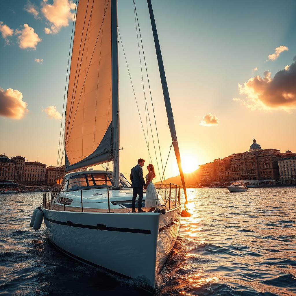 A captivating love story scene featuring a couple on a large, elegant sailboat anchored in the stunning harbor of Genoa, Italy