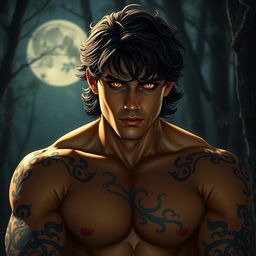 A strikingly handsome Fae male with captivating golden eyes that shine brightly against the night