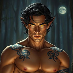 A strikingly handsome Fae male with captivating golden eyes that shine brightly against the night