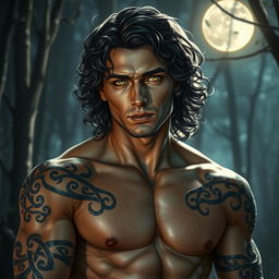 A strikingly handsome Fae male with captivating golden eyes that shine brightly against the night