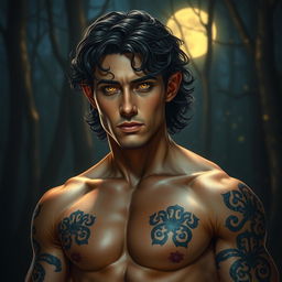 A strikingly handsome Fae male with captivating golden eyes that shine brightly against the night