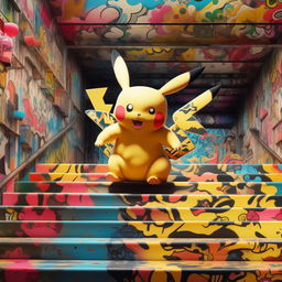 Modify the Murakami-styled Pikachu image to show Pikachu executing a tre flip skateboard trick down a huge stair set. Maintain the vibrancy, attention to detail, and high resolution of the previous image.