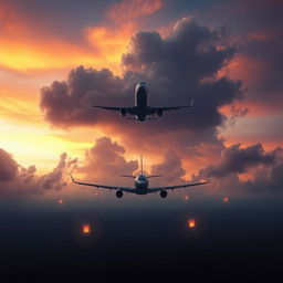 A hauntingly beautiful scene depicting the mysterious disappearance of Malaysia Airlines Flight MH370, featuring an empty airplane silhouetted against a dramatic sunset sky, with clouds swirling ominously around it