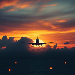 A hauntingly beautiful scene depicting the mysterious disappearance of Malaysia Airlines Flight MH370, featuring an empty airplane silhouetted against a dramatic sunset sky, with clouds swirling ominously around it
