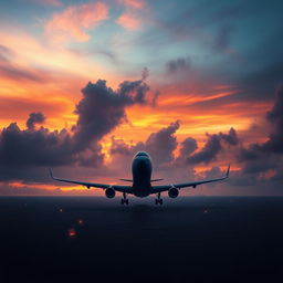 A hauntingly beautiful scene depicting the mysterious disappearance of Malaysia Airlines Flight MH370, featuring an empty airplane silhouetted against a dramatic sunset sky, with clouds swirling ominously around it