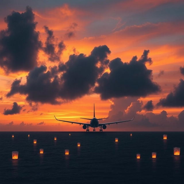 A hauntingly beautiful scene depicting the mysterious disappearance of Malaysia Airlines Flight MH370, featuring an empty airplane silhouetted against a dramatic sunset sky, with clouds swirling ominously around it