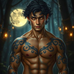 An extraordinarily handsome Fae male with stunning golden eyes that are brilliantly illuminated against the nighttime setting