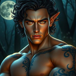 An extraordinarily handsome Fae male with stunning golden eyes that are brilliantly illuminated against the nighttime setting