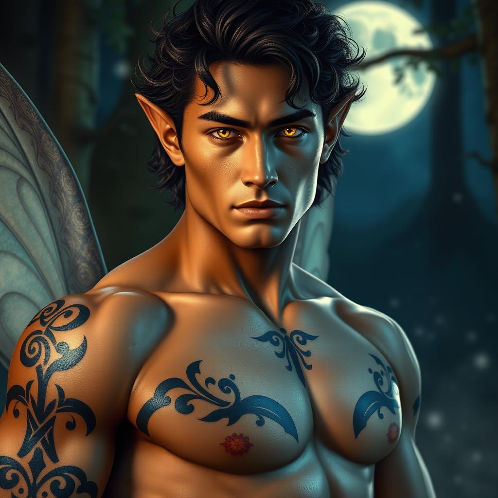 An extraordinarily handsome Fae male with stunning golden eyes that are brilliantly illuminated against the nighttime setting