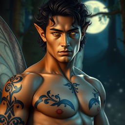 An extraordinarily handsome Fae male with stunning golden eyes that are brilliantly illuminated against the nighttime setting