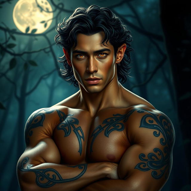 An extraordinarily handsome Fae male with stunning golden eyes that are brilliantly illuminated against the nighttime setting