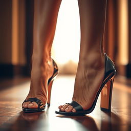 A close-up shot of elegant high-heeled shoes, showcasing a pair of beautiful feet adorned with perfectly manicured nails