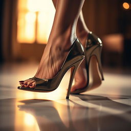 A close-up shot of elegant high-heeled shoes, showcasing a pair of beautiful feet adorned with perfectly manicured nails