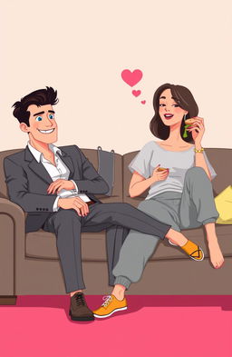 A flat, minimal art style representing a romantic comedy scene with vibrant colors