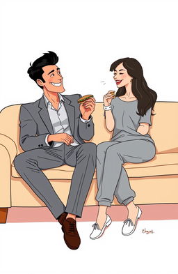 A flat, minimal art style representing a romantic comedy scene with vibrant colors