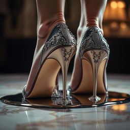 A close-up shot of elegant high heels with intricate designs, standing on a stylish surface