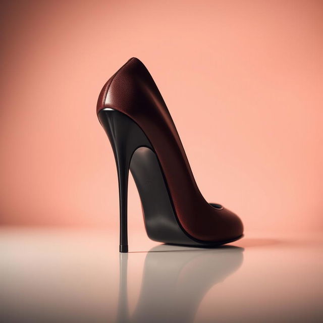 A striking close-up of a stylish high-heeled shoe with an elegant stiletto heel, positioned atop a smooth, polished surface