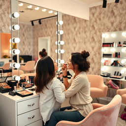 An inviting and chic makeup studio interior featuring a stylish vanity with large mirrors, soft lighting, and a variety of high-end makeup products arranged neatly on the shelves